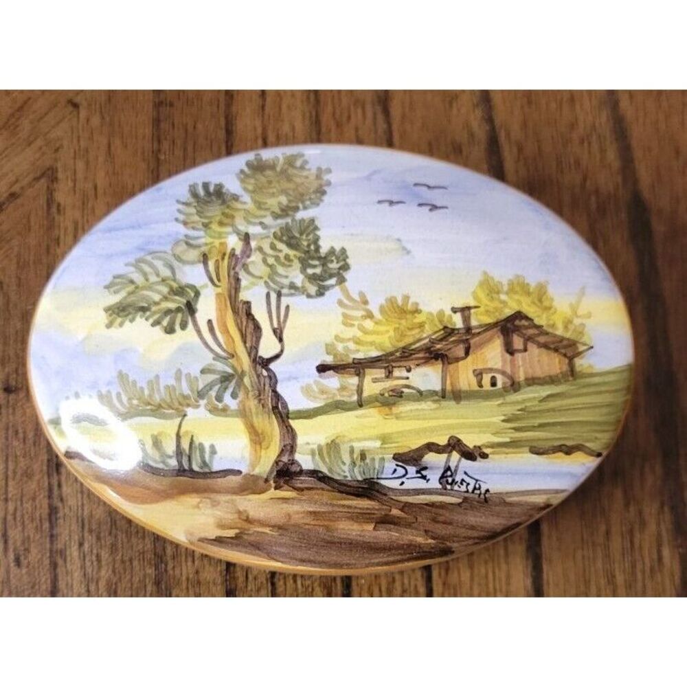 Vintage Signed Italian Dipinto A Mano Trinket Box Cabin Lake
